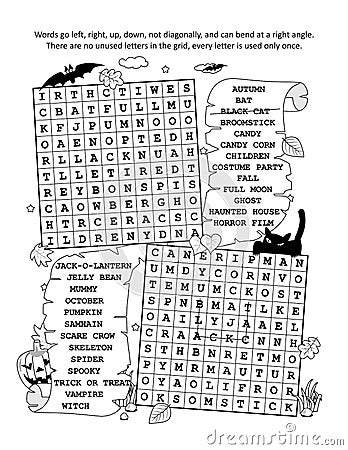 Halloween illustrated zigzag word search puzzle, black and white version. Suitable both for kids and adults. Vector Illustration